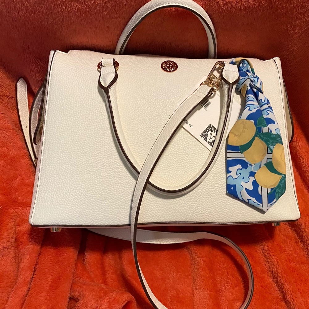 Anne Klein Satchel Purse White Faux Leather‎ Double Handle Crossbody Bag New!